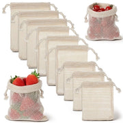 Set di sacchetti per verdure 9 pezzi - Sacchetti in cotone riutilizzabili - Doppia punteria - Corda per tirare - Conservazione per verdure/frutta - Dimensioni piccole/midette/grandi - Set di sacchetti per verdure