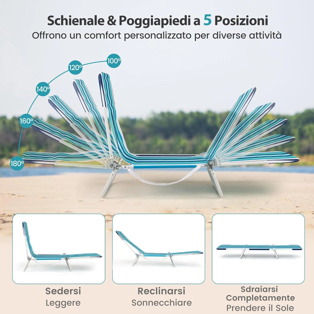 Set di 2 Lettino da Spiaggia Pieghevole, Sedia Reclinabile da Spiaggia a 5 Posizioni con Cinghia, Sedia a Sdraio Portatile da Campeggio Patio, Portata 150 kg (A Righe)