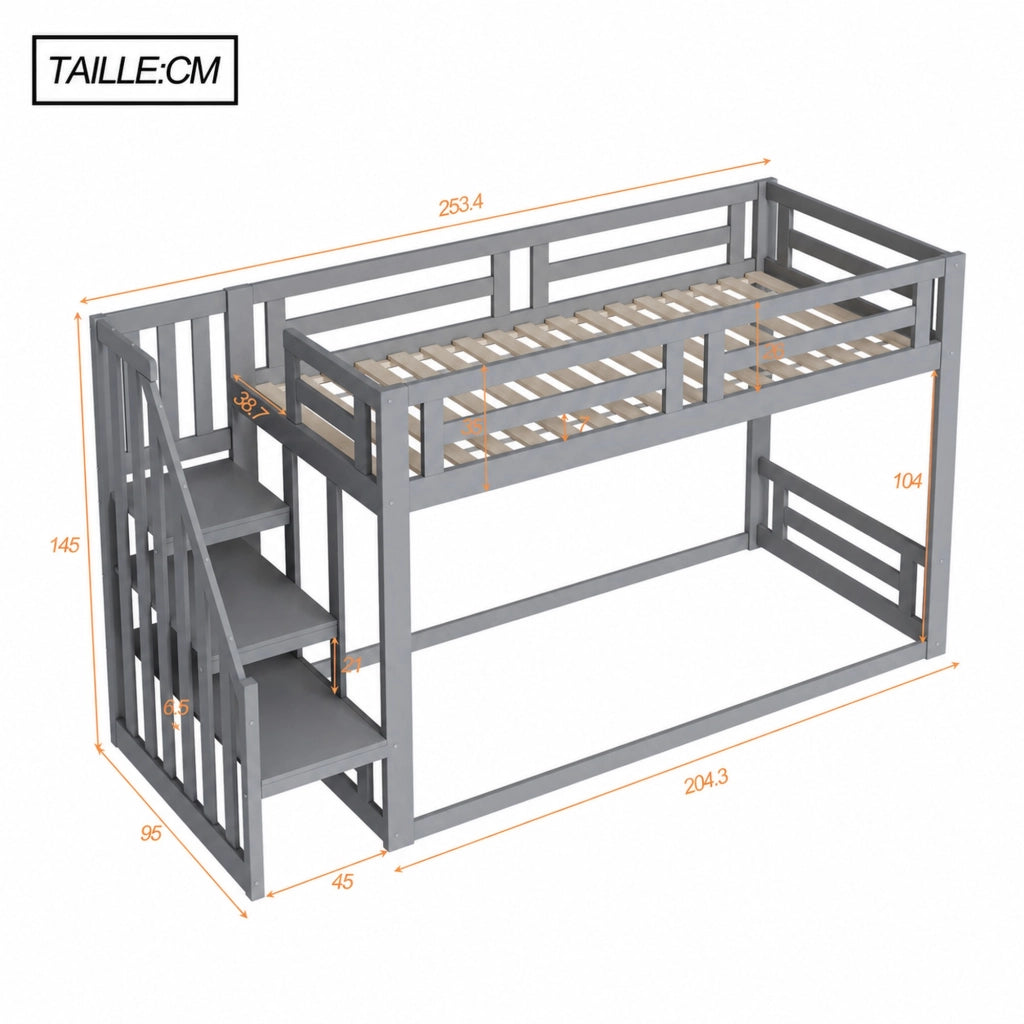 LETTO A CASTELLO per bambini 90 x 200 cm con scala di sicurezza, grigio