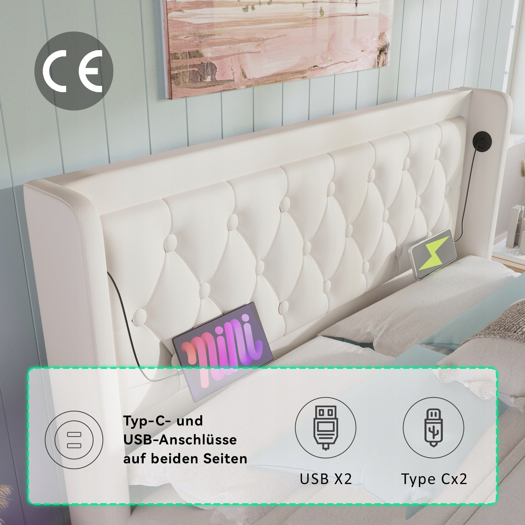 Letto imbottito 180x200 bianco - Xylo - Base idraulica LED USB-C