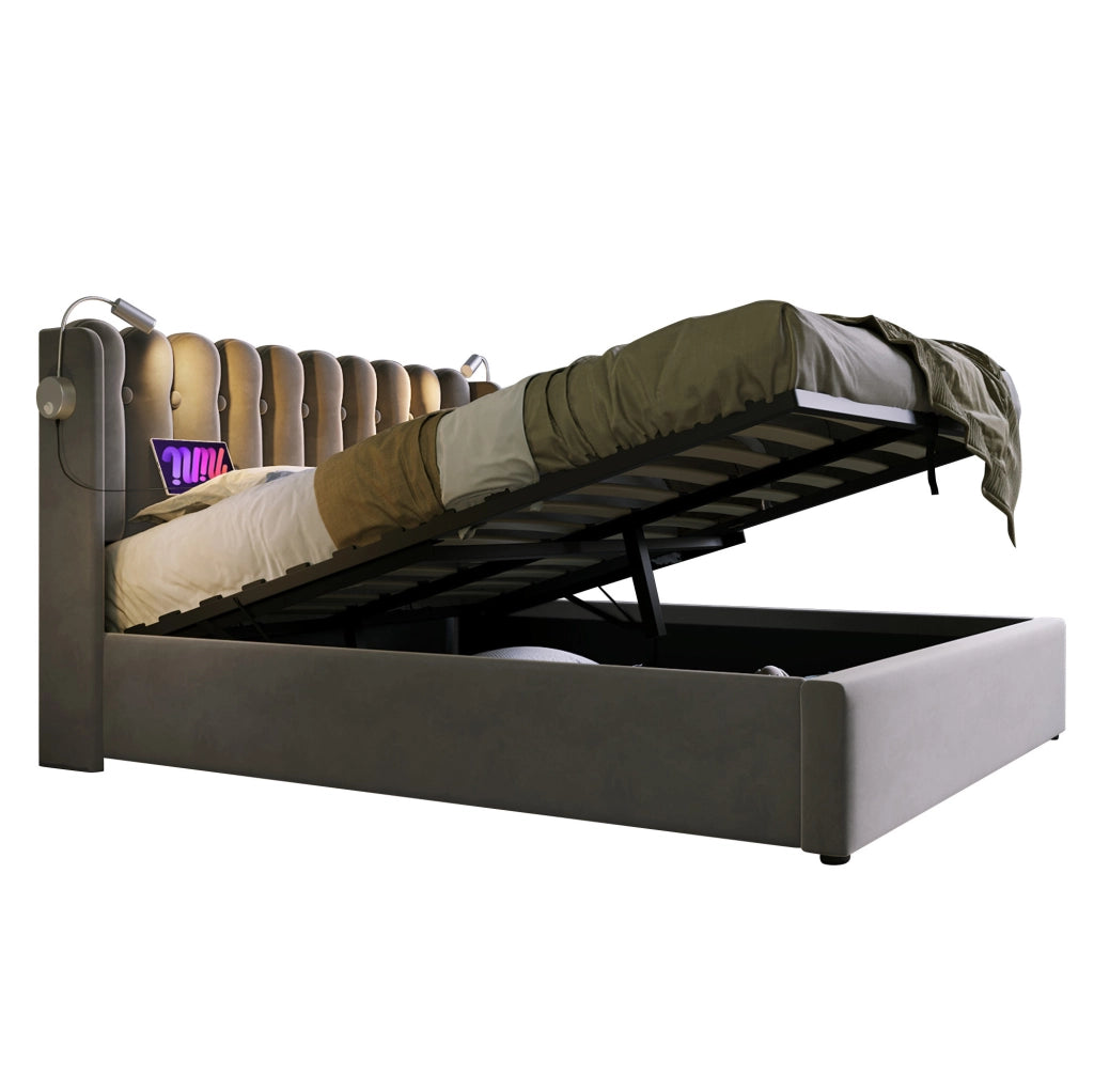 Letto matrimoniale 160x200 cm grigio in velluto con LED USB