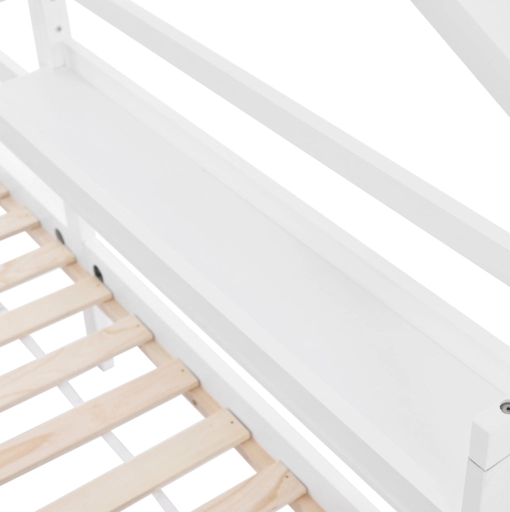Lettino a casetta con scaffale per bambini 90x200 cm in legno di pino bianco