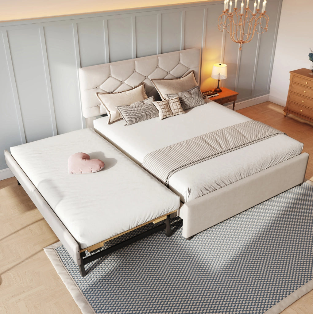 Letto imbottito 140x200 cm con letto estraibile in velluto beige