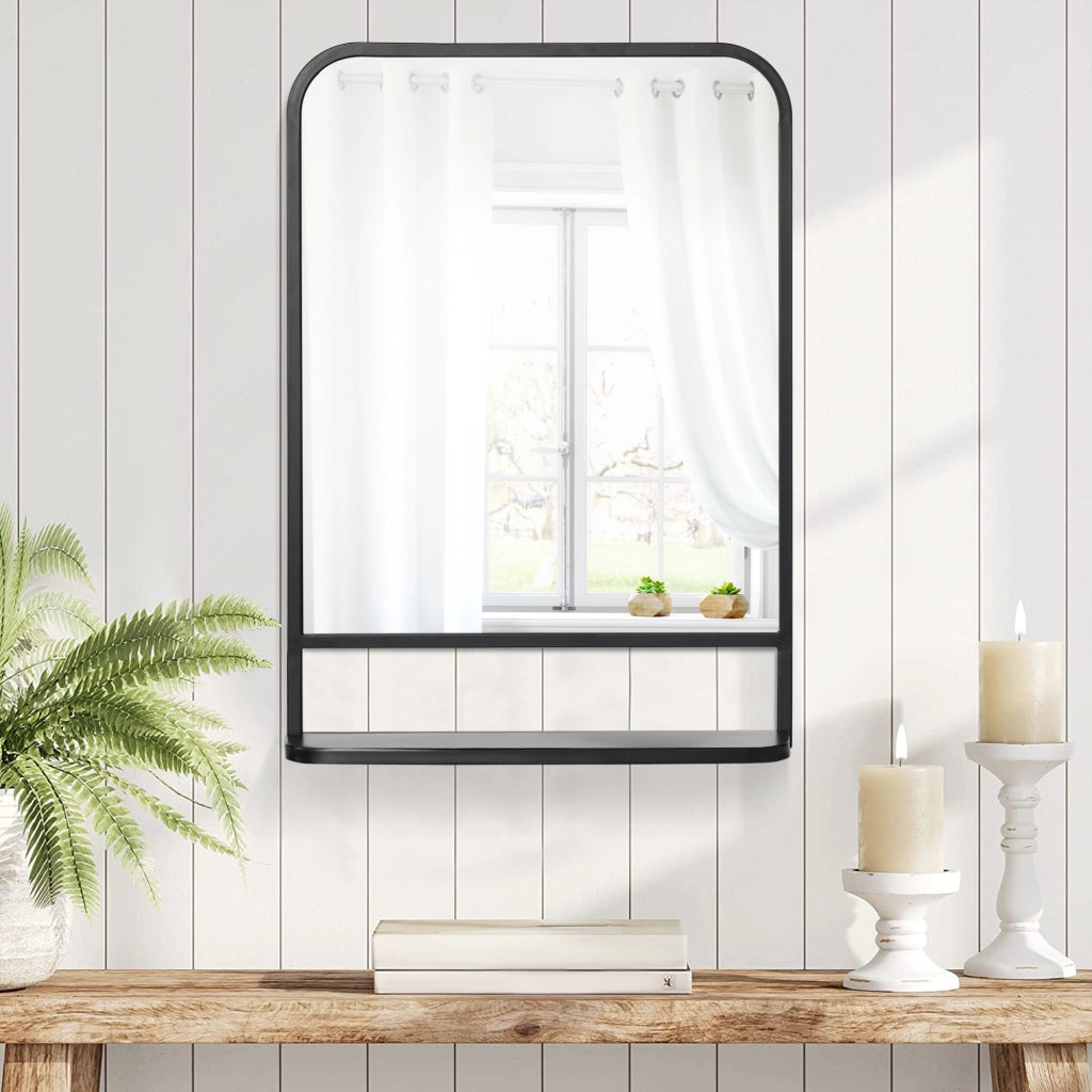 Specchio da parete con ripiano ¨C zephmum ¨C Nero Argento 70x10.2x50 cm