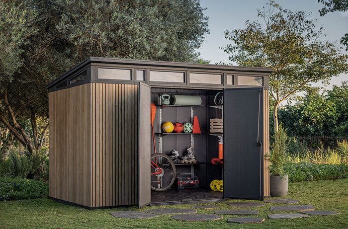 Casetta Box da Giardino 340x218x226 cm Keter Signature Venetian Pent 11x7 Effetto Legno Marrone e Antracite