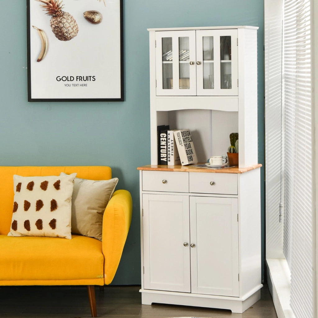 Mobile dispensa da cucina autoportante con piano in legno regolabile-Credenza e 2 cassetti con ante in vetro Bianco