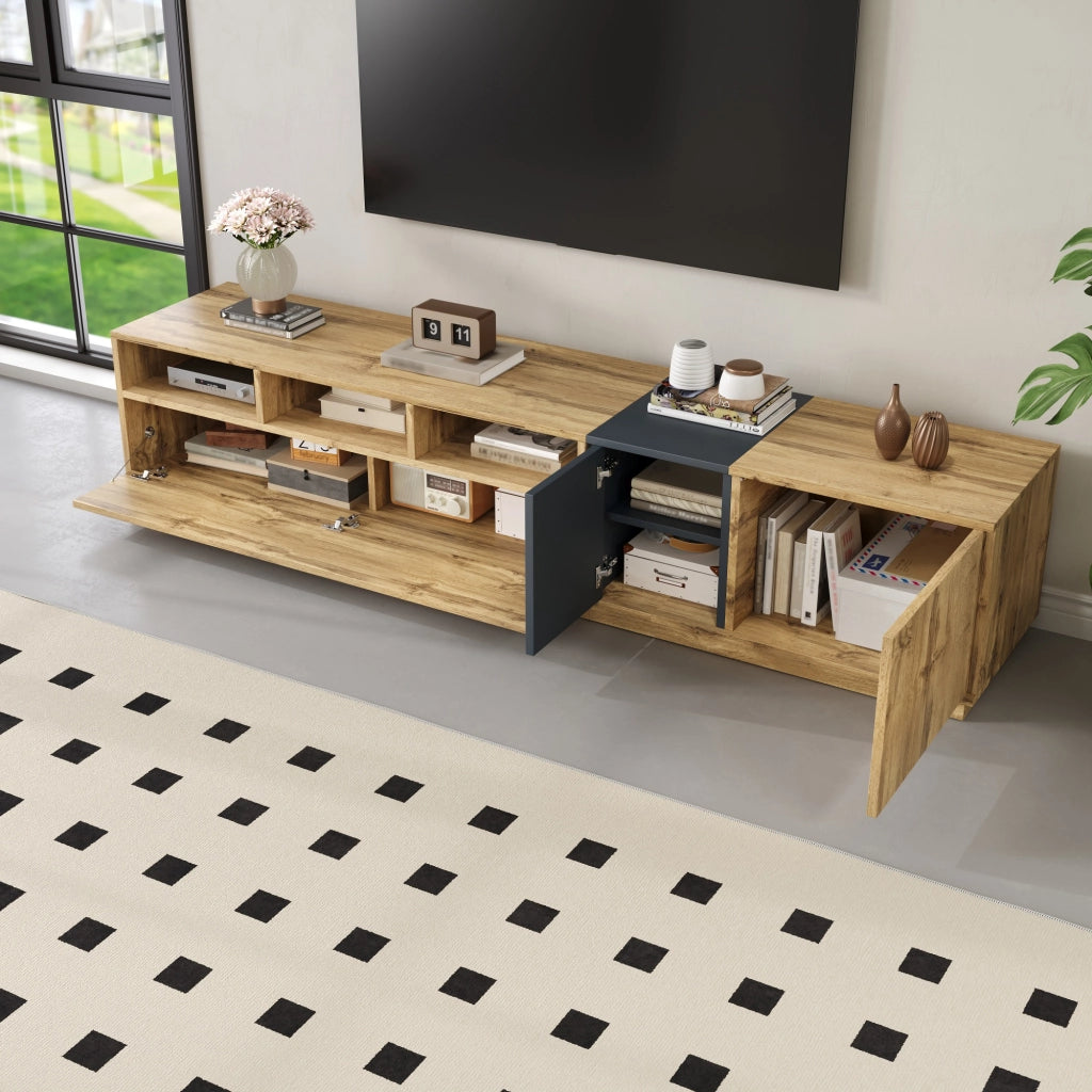 Mobile TV con 3 Vani Aperti e Passacavi; 3 Ante con Ripiani; Stile Moderno; in Pannelli di Particelle; 200??45??45 cm; Grigio Nero
