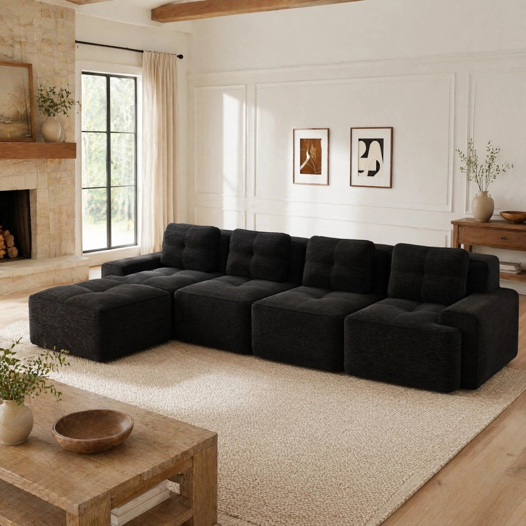 Divano modulare 4 posti in corduroy nero con seduta profonda 382x177x69 cm