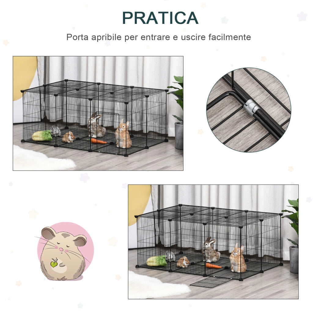 EasyComfort Gabbia per Conigli e Piccoli Animali, 22 Pannelli Modulabili in Metallo con Porta, Nero, 105 x 70 x 45cm