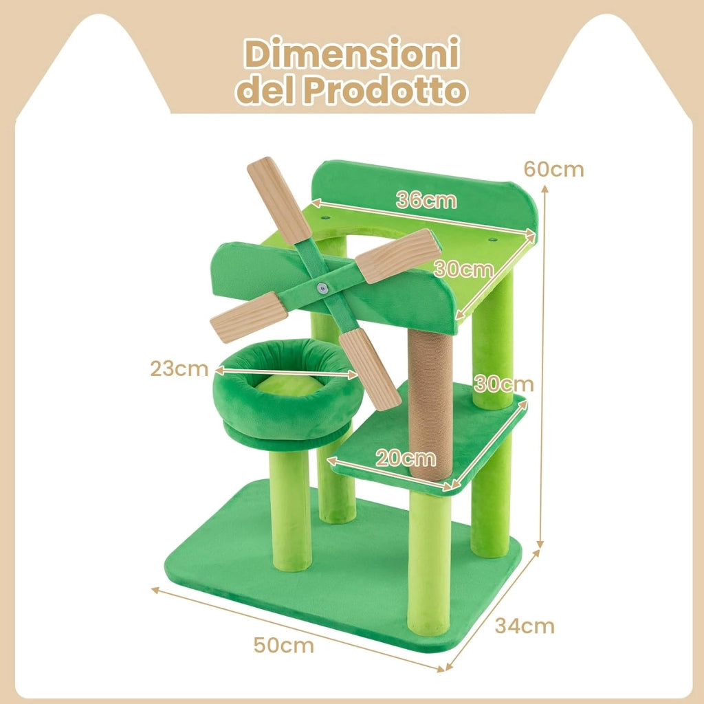 Tiragraffi a Forma di Mulino a Vento, Albero per Gatti con Lettino, Imbottitura Rotonda e Piattaforma Superiore con Paratie Anticaduta, Torre per Animali Domestici Interno, Verde e Naturale