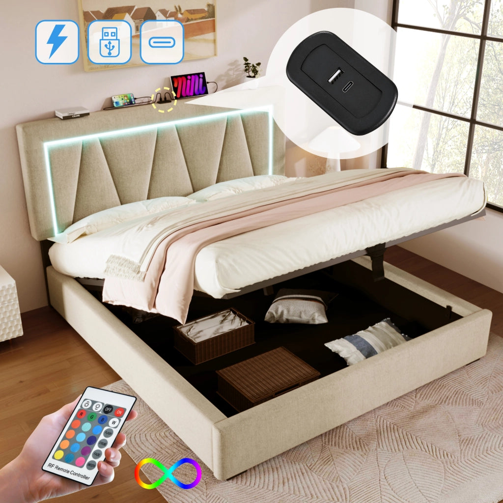 LETTO Contenitore 160x200 cm in lino beige con LED e USB Type C