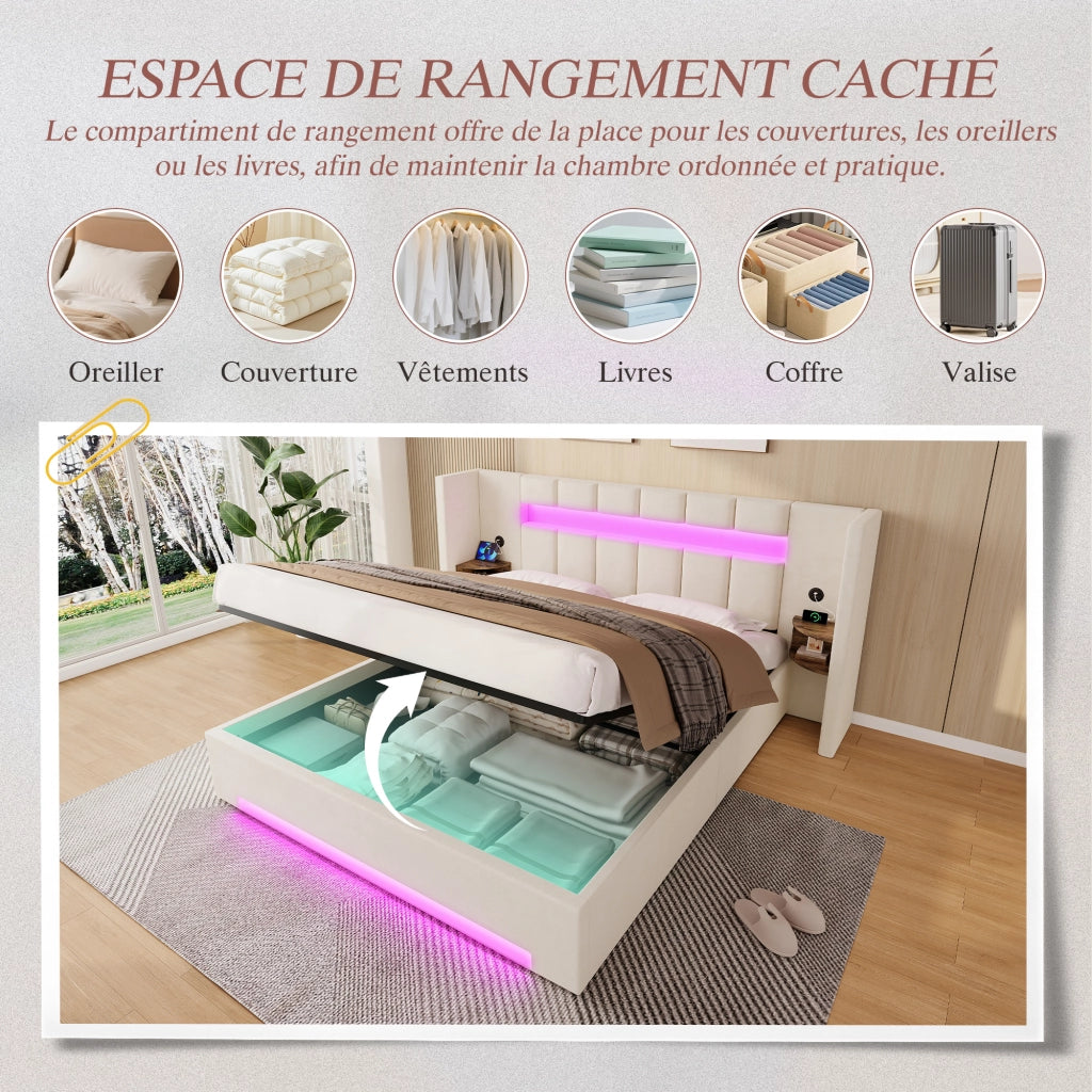 Letto Contenitore 180x200 cm - USB; LED; armadietti retro - in Velluto Beige