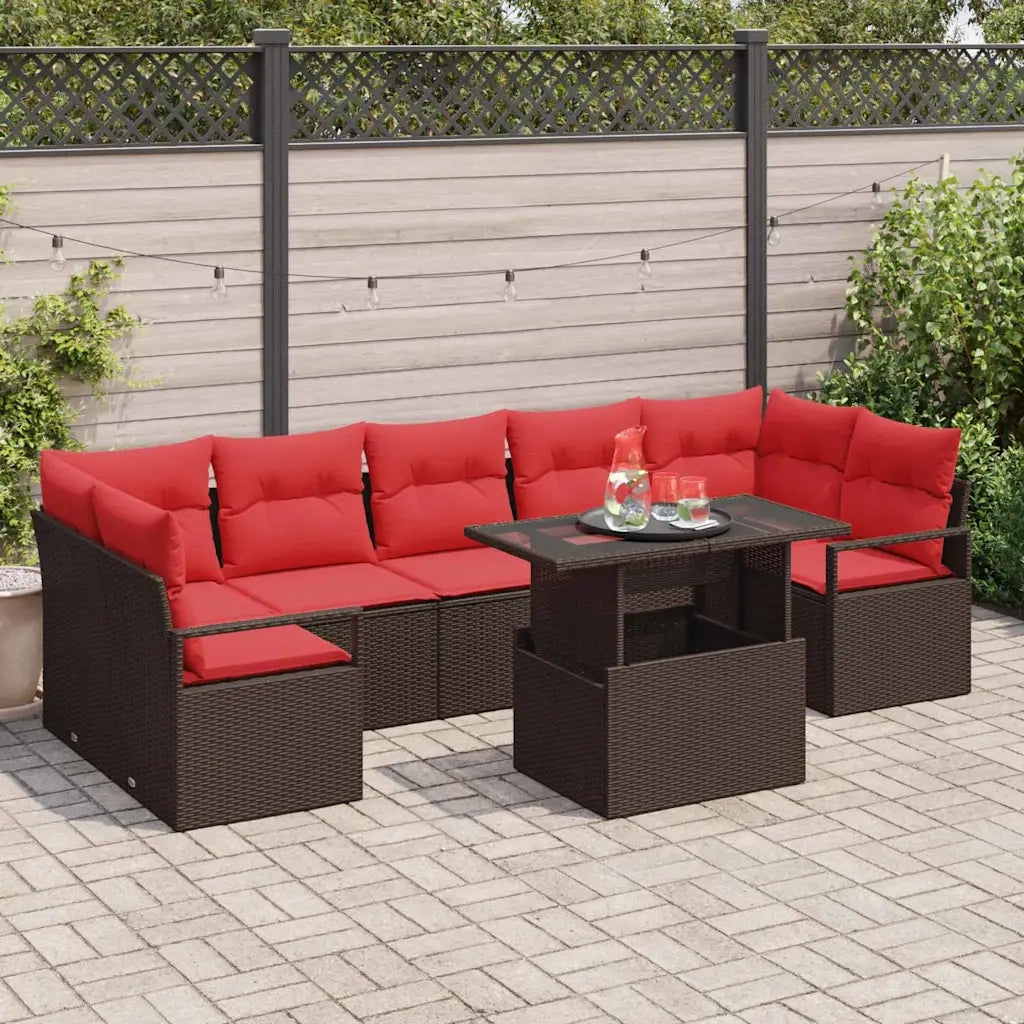 Set Divano da Giardino 8 pcs Marrone e Rosso polyrattan