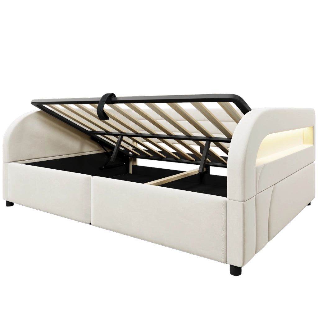 Letto imbottito 140x200 cm con contenitore idraulico e LED; in flanella beige