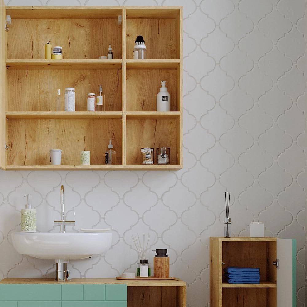 Specchio contenitore bagno Rudi, Rovere, 90 x 80.9 cm con anta e vani a giorno, con meccanismo push-to-open e struttura combinabile