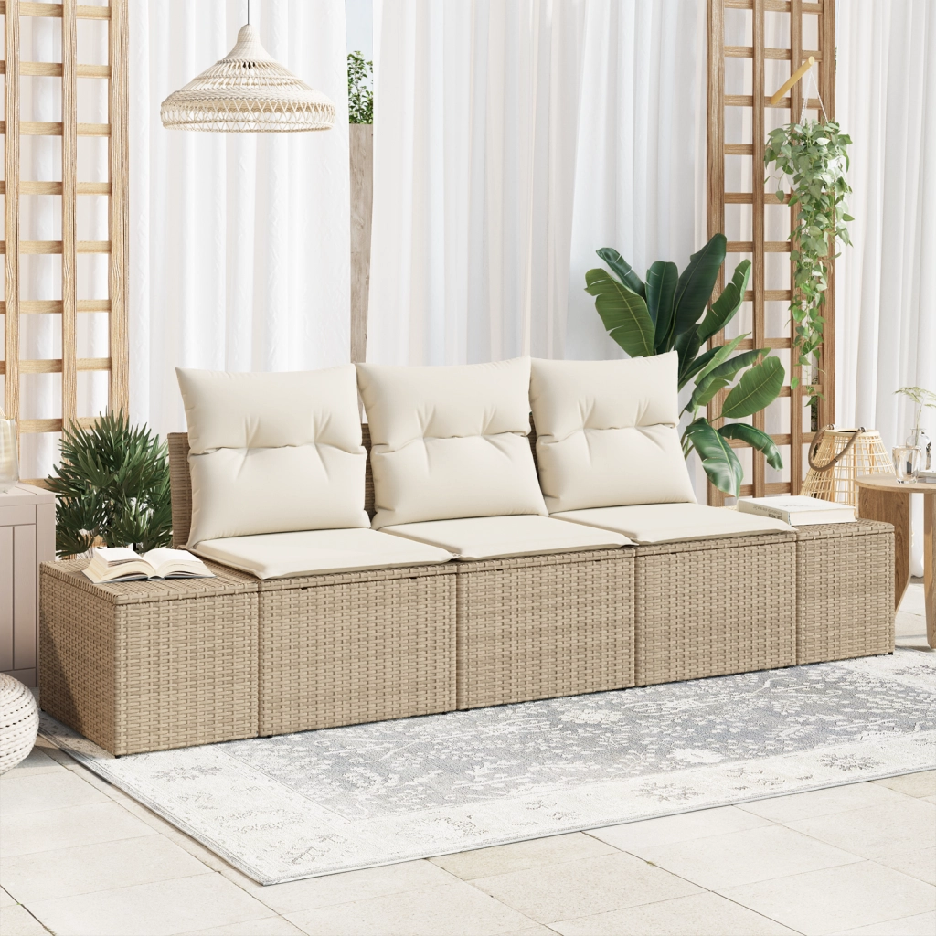 Set di divani da giardino da 3 pezzi con cuscini beige in polyrattan