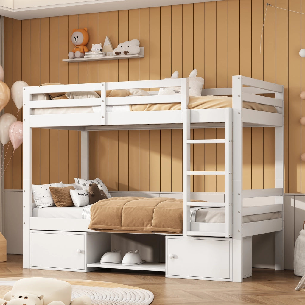 Letto a Castello 90x200 cm - con Scaffale; Armadio; in Legno Massello e MDF - Bianco