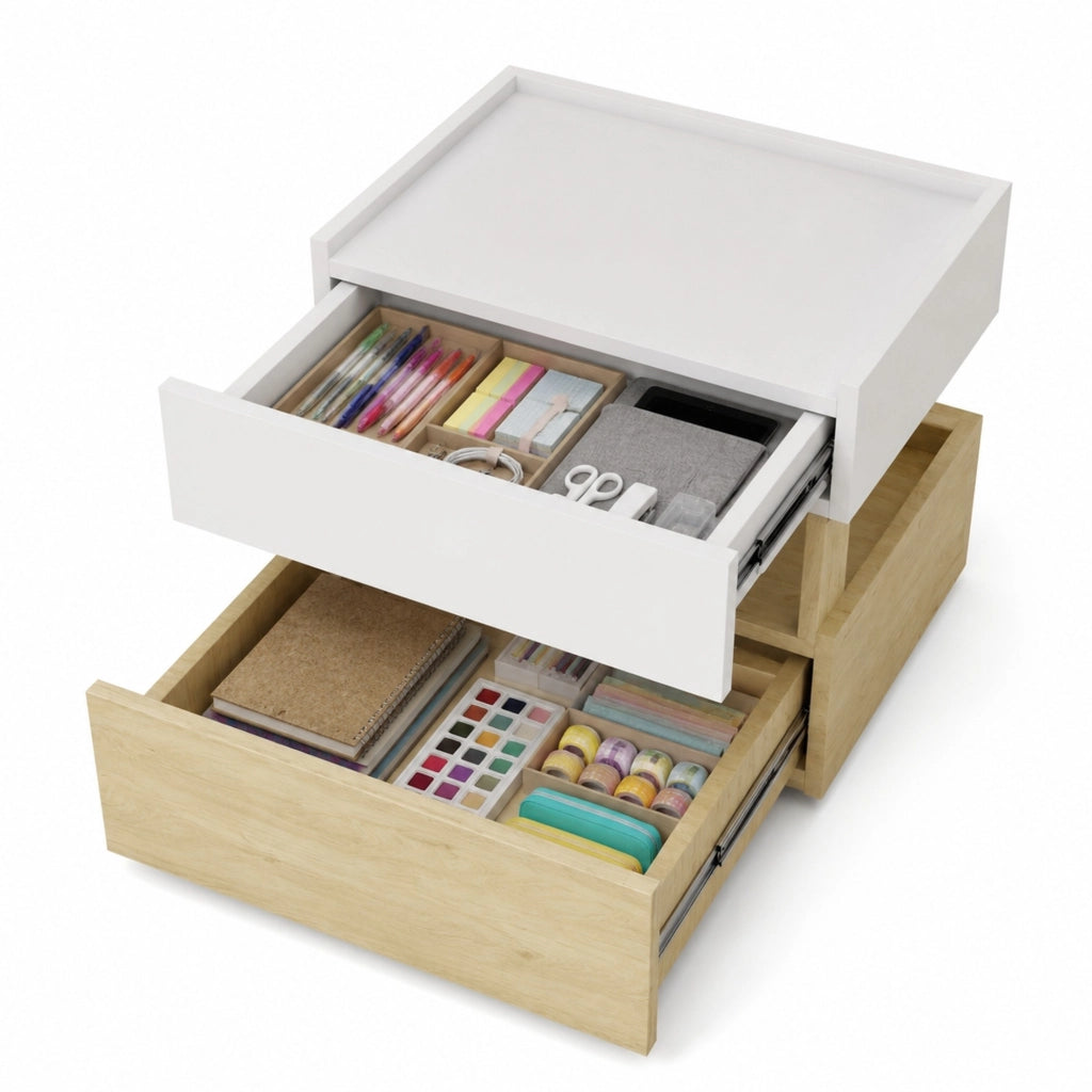 Comodino 50x40x50 cm bianco e naturale con LED, 2 cassetti