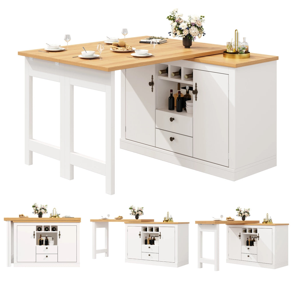 OKWISH Tavolo Consolle Allungabile con Vani Contenitori, Portabottiglie e Ripiani Regolabili, Girevole, in MDF, Naturale e Bianco