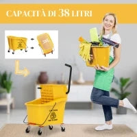 Secchio Lavapavimenti Professionale 36L con Mocio, Strizzatore, Ruote e Manico, 55x37x65 cm, Giallo