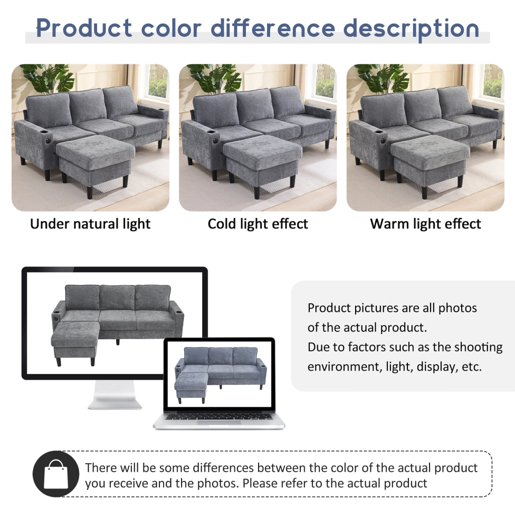 OKWISH Divano Angolare Reversibile 3 Posti, con USB, USB-C, Portabicchieri e Tasche Laterali, Lino, Grigio
