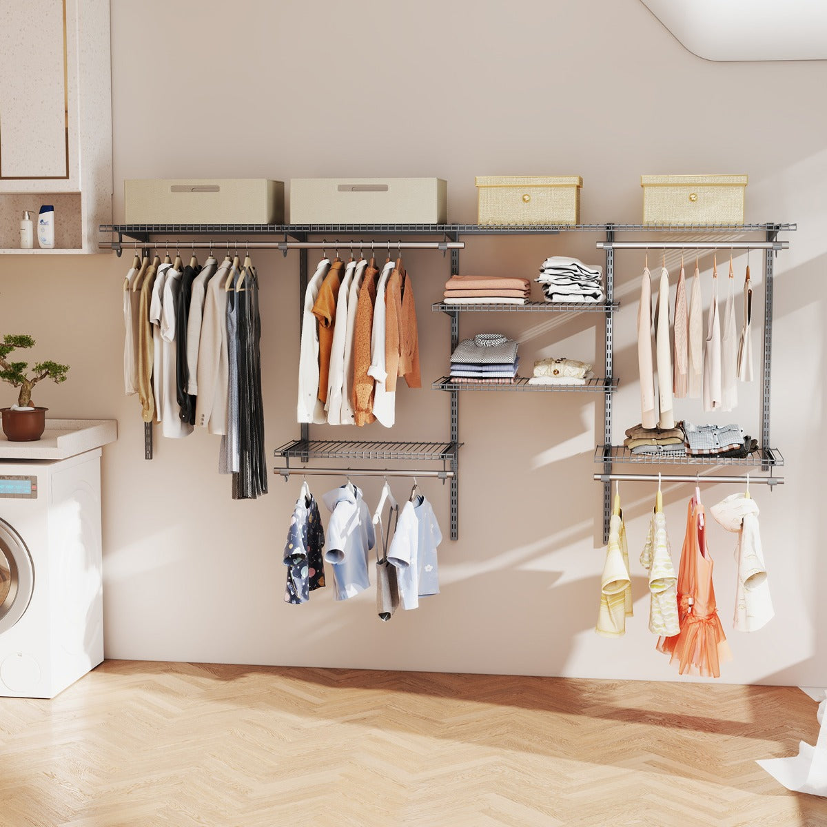 Sistema di organizzazione e stoccaggio armadi con asta pendente, Scaffali e aste per armadio a parete per camera da letto Grigio-Appendiabiti