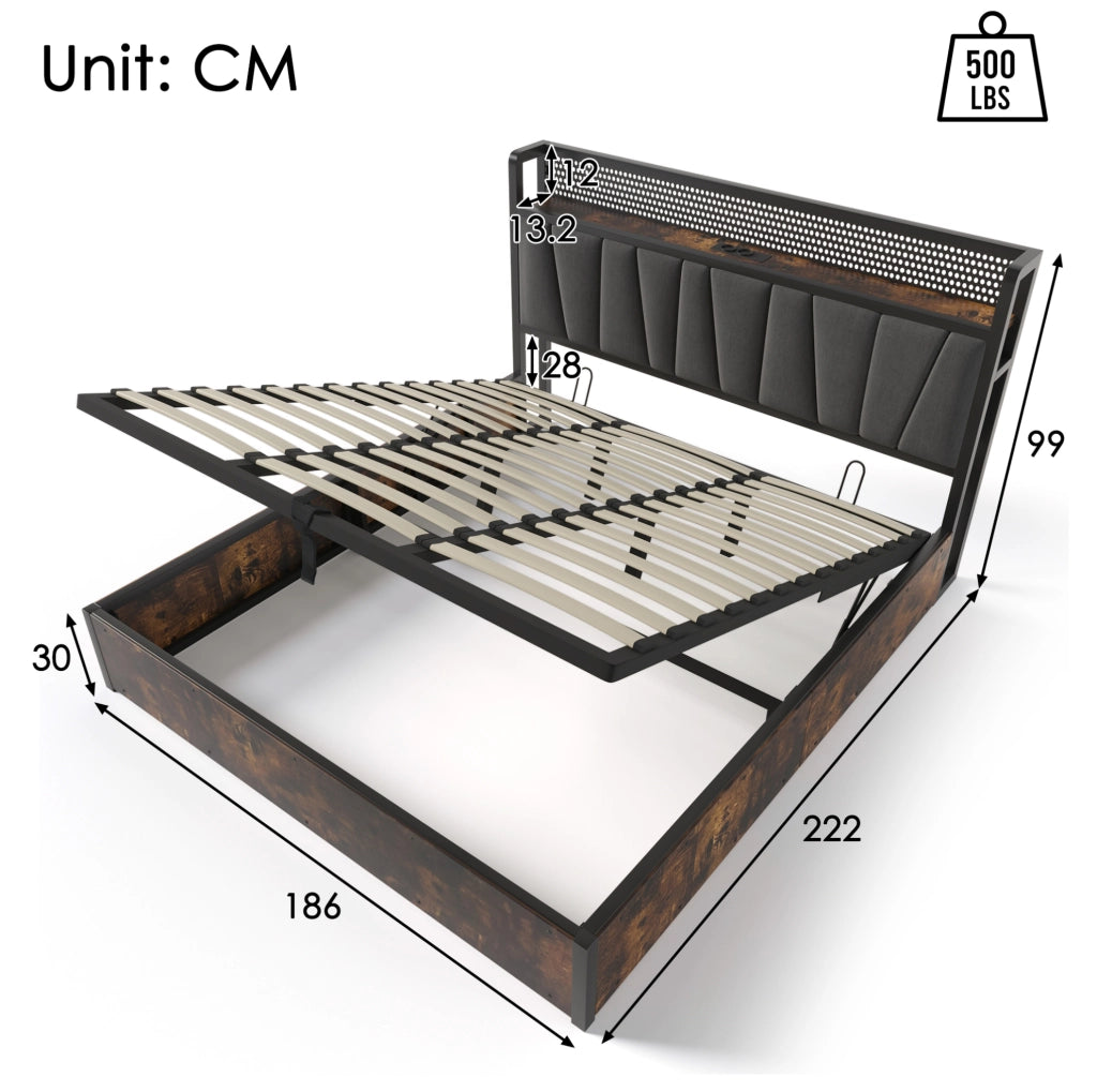 Letto matrimoniale 180x200 cm in tessuto grigio con LED RGBW; prese e USB; contenitore