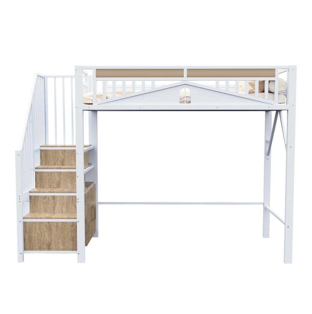 Letto a soppalco 90x200 cm con scala contenitore e finestra di sicurezza bianco