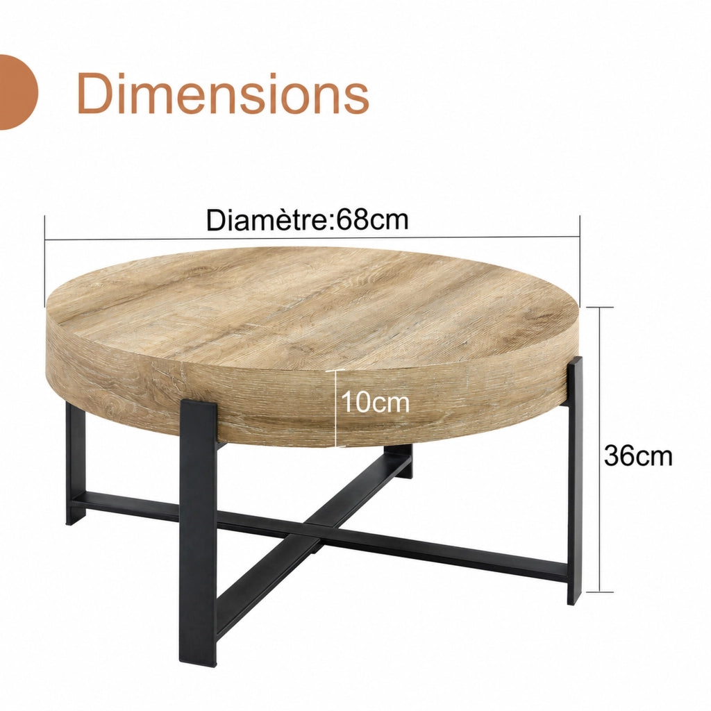 TAVOLINO DA CAFFÈ ROTONDO 68 cm MDF E METALLO NERO