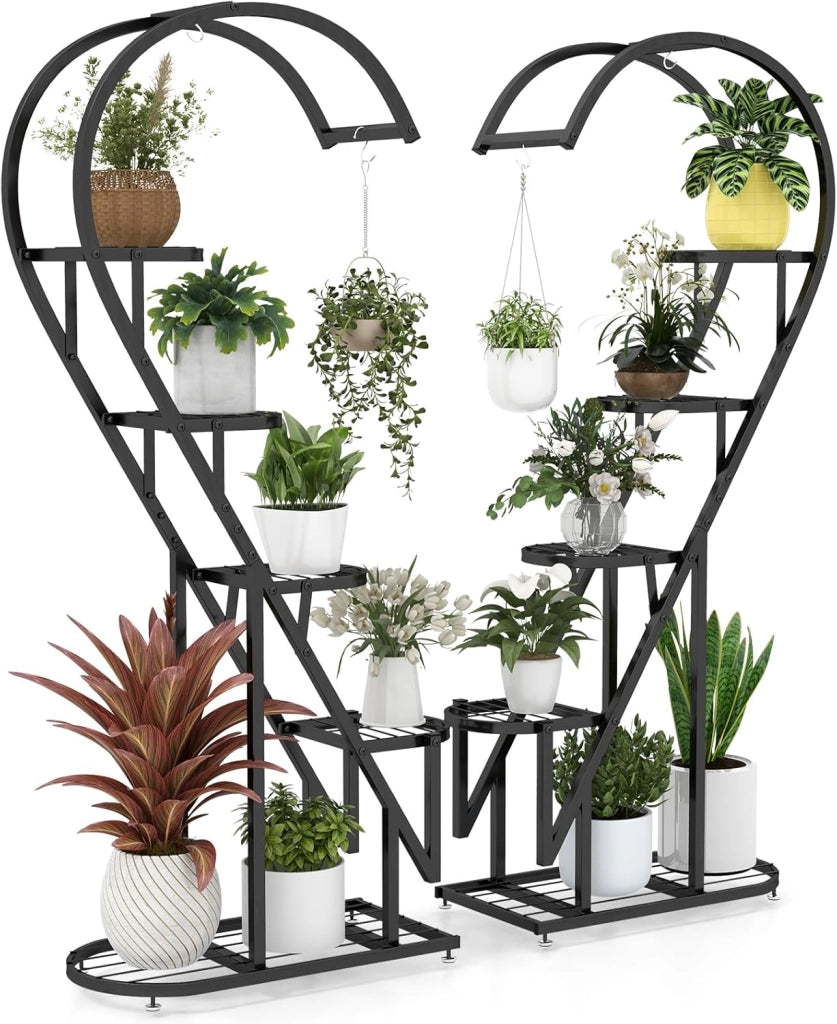 Scaffale per Piante in Metallo a 5 Livelli, Porta Piante a Forma di Cuore con Gancio, Scaffale per Fiori per Soggiorno, Camera da Letto e Balcone (Nero)