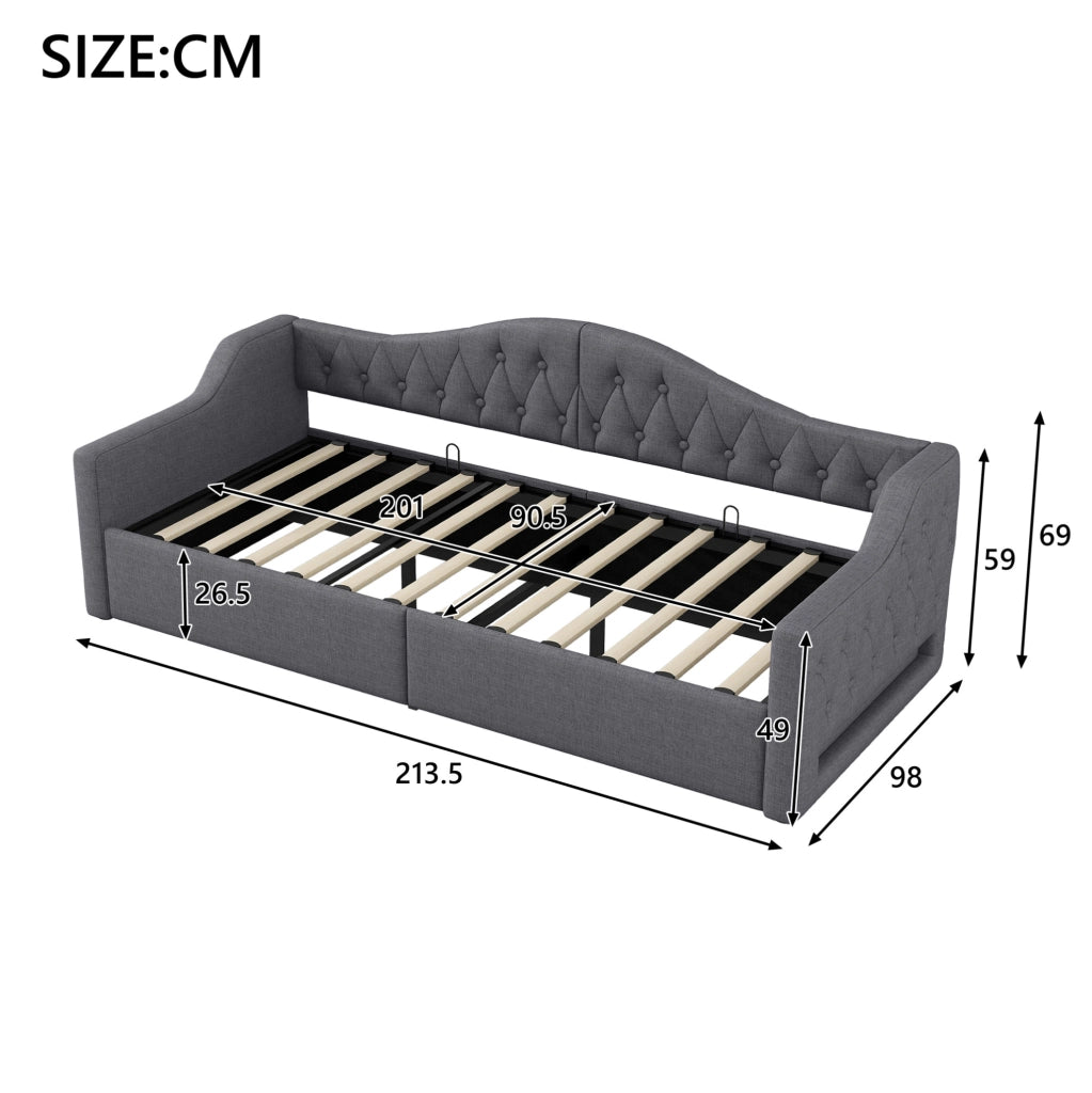 Letto da giorno imbottito 90x200 con LED; contenitore sotto il letto; grigio