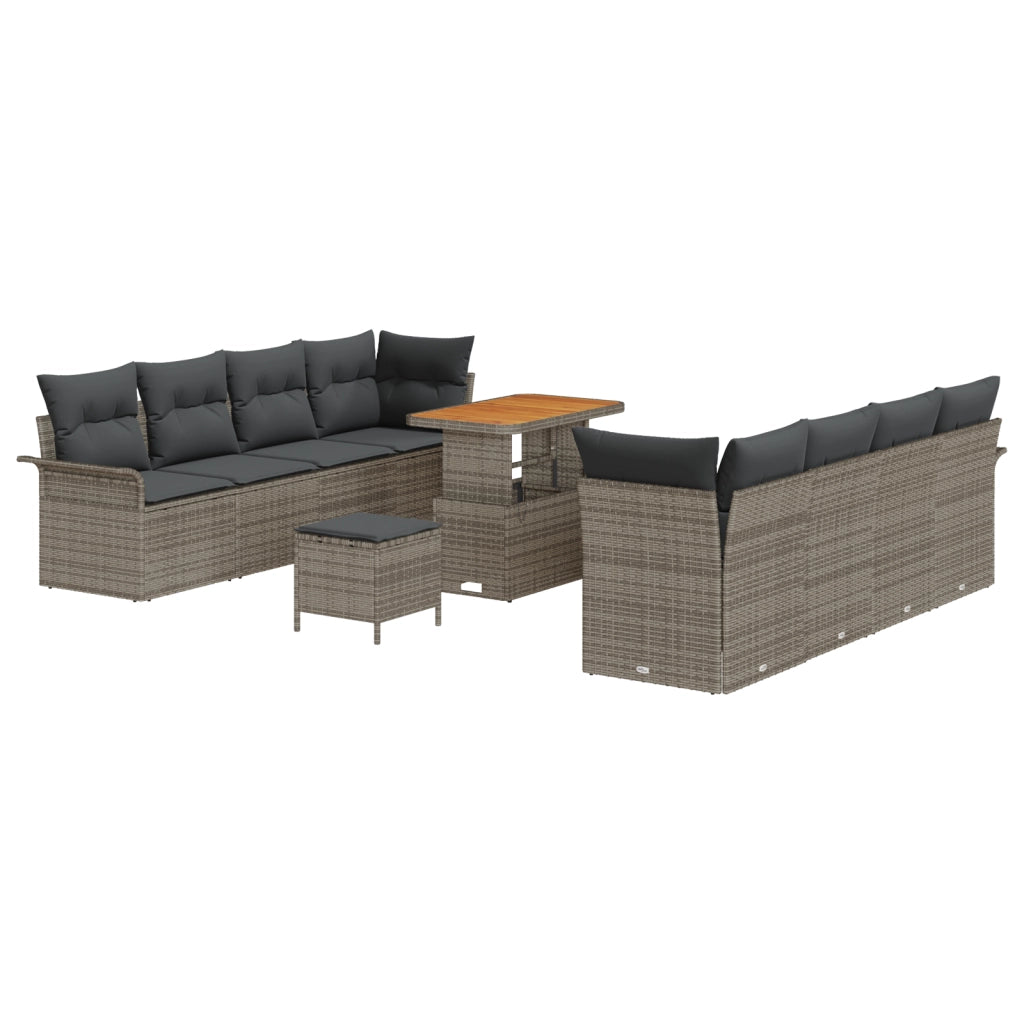 Set di Divani da Giardino 11 Pezzi con Cuscini Grigio Polirattan Acacia