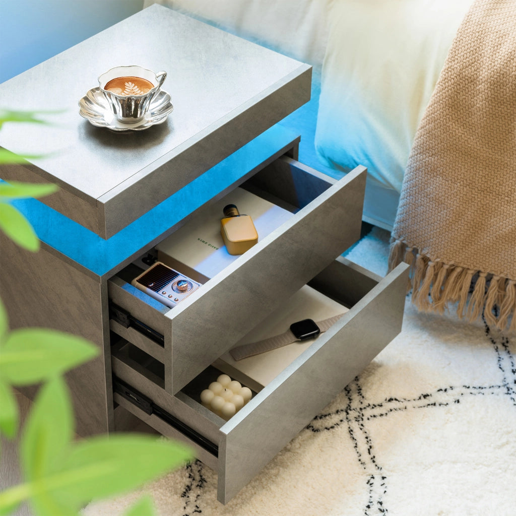 Comodino con LED regolabile, 2 cassetti e vano aperto, per camera da letto, in legno ingegnerizzato, grigio scuro
