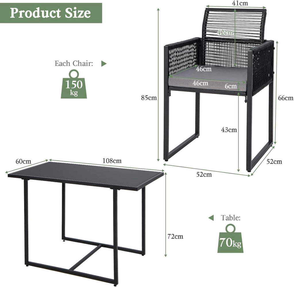 Set Mobili da Esterno a 3 Pezzi, 2 Sedie in Rattan Intrecciato con Schienale Pieghevole e Cuscini, Set Tavolo Rettangolare da Pranzo per Patio, Giardino e Balcone