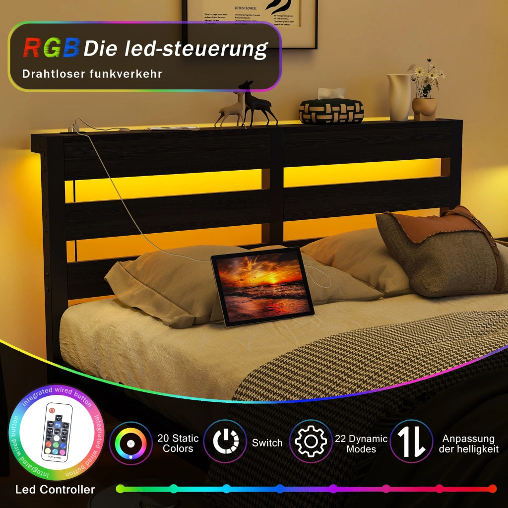 Letto singolo 120 × 200 cm con LED RGB, 2 porte USB, ripiano e spazio sotto il letto, senza materasso, nero
