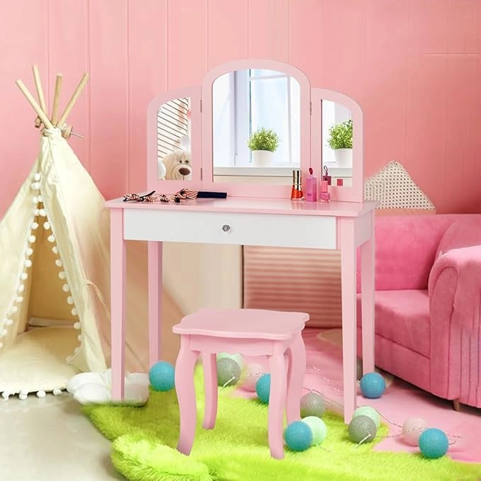 Toeletta Trucco per Bambina, Specchiera Trittica per Ragazza in Legno Robusto con Sgabello e Cassetto, Postazione Trucco 2 in 1 per Cameretta e Cmera da Letto, 95x70x34cm(Rosa)