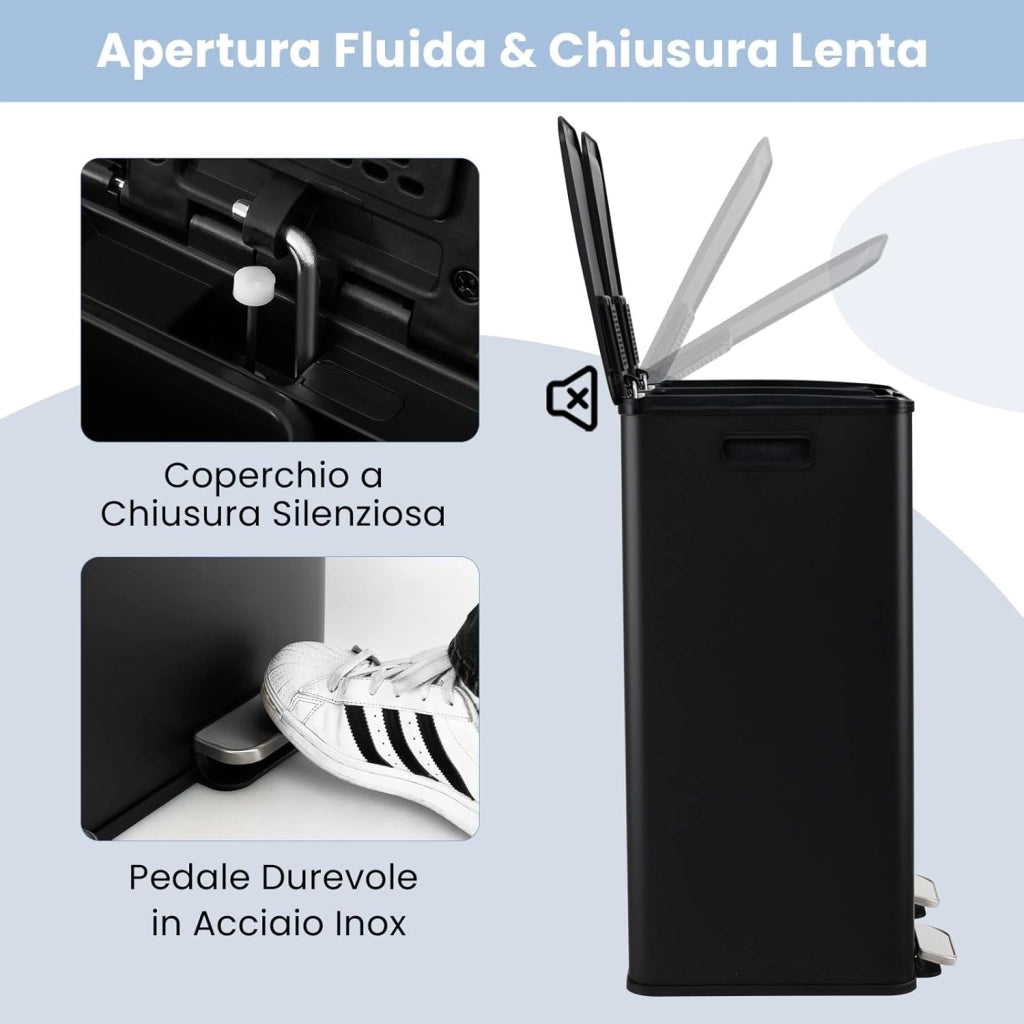 2x30 L Pattumiera Differenziata, Bidoni Differenziata in Acciaio Inox a 2 Scomparti, Anti-Impronte, Secchio Spazzatura con Coperchi a Chiusura Morbida, per Casa Ufficio (Nero)