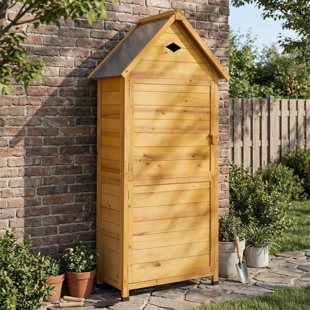 Armadio da Esterno in Legno, Casetta da Esterno con Ante, Ripiani Rimovibili, Serrature e Tetto Inclinato, Armadietto Versatile da Giardino, Balcone e Cortile (81 x 46 x 174 cm)