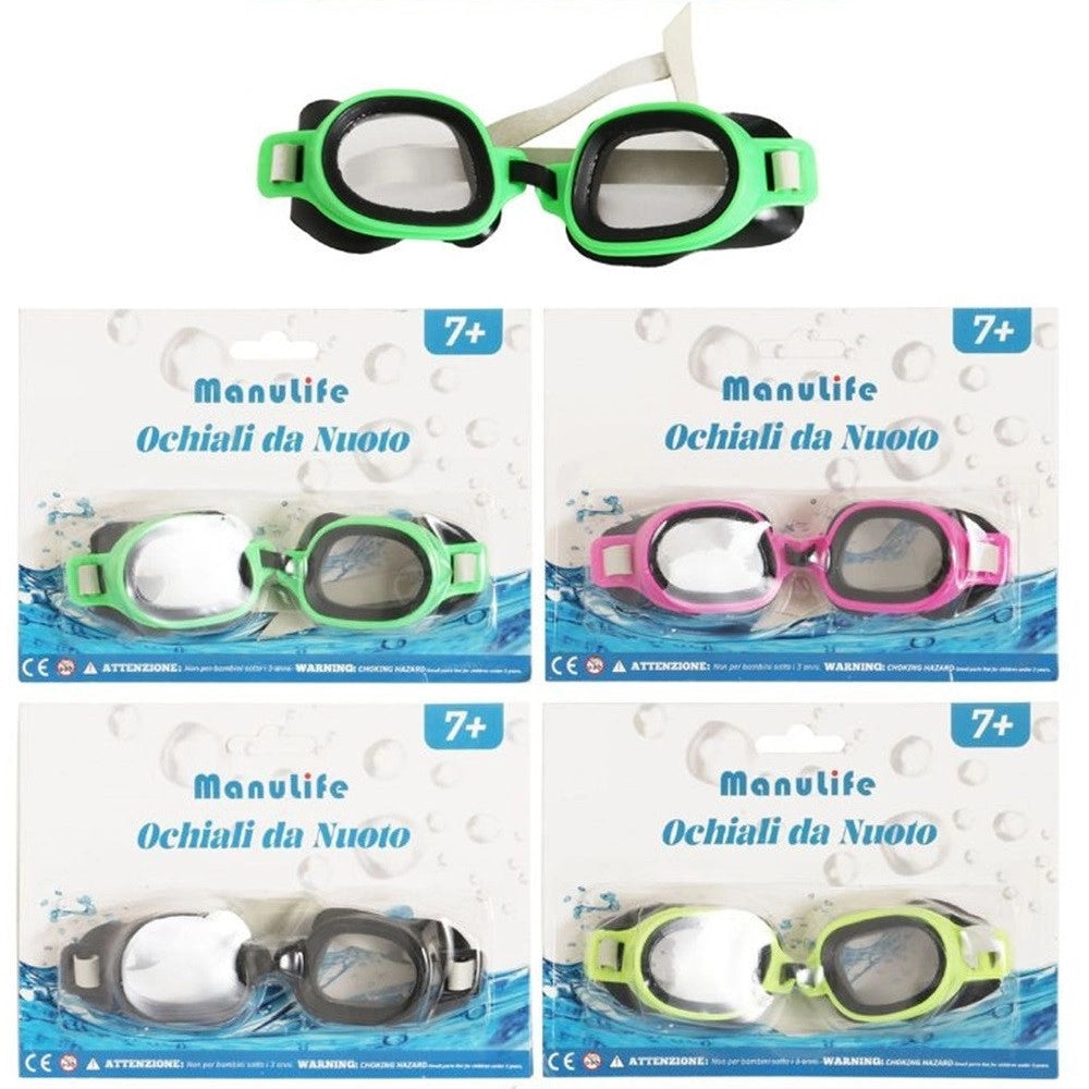 Trade Shop - Occhialini Da Nuoto Per Bambini Adulti Unisex Piscina Colorati 7+ Anni 16x4cm 605418 -