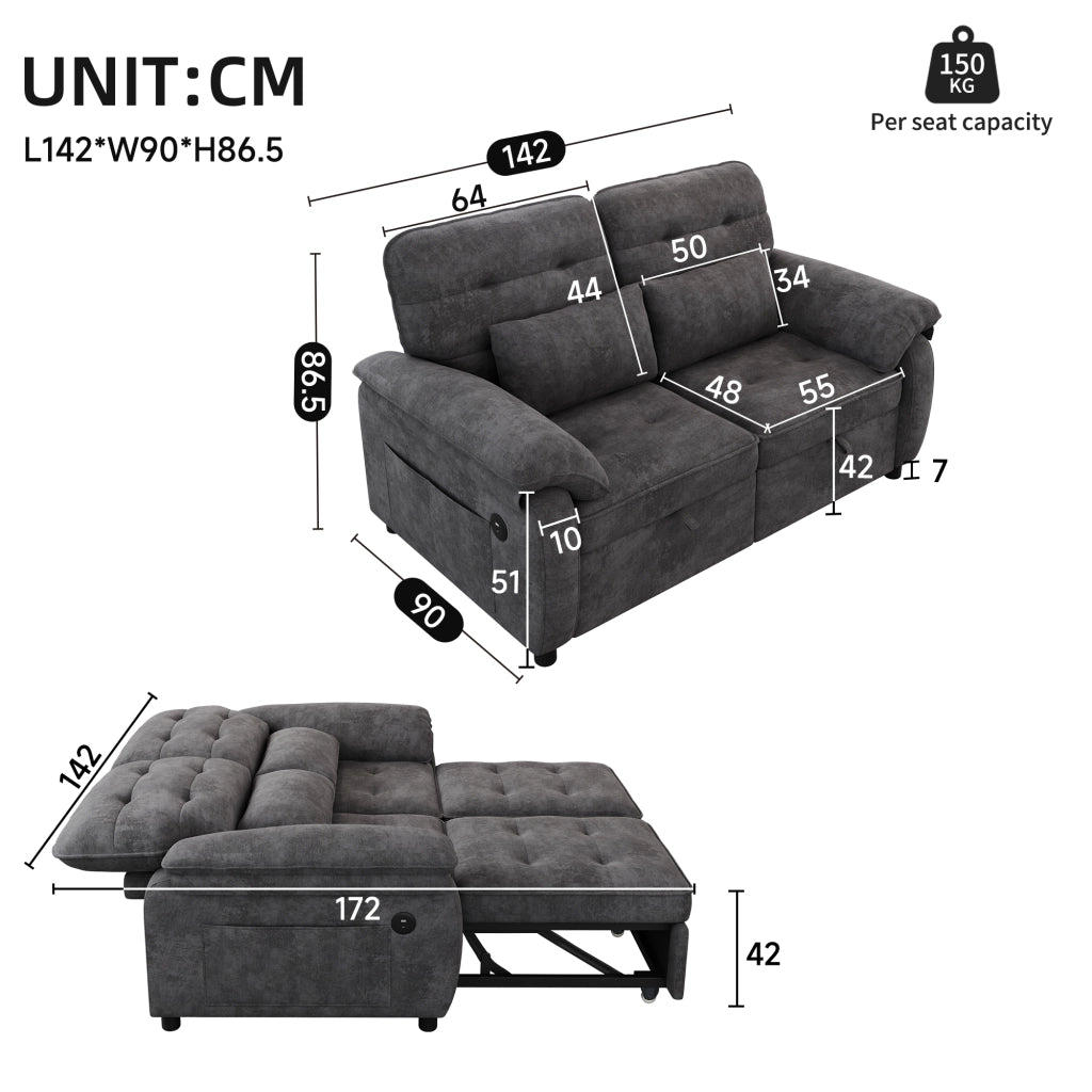 Divano letto 3 in 1 2 posti con schienale reclinabile e porte USB/Type-C; chenille grigio