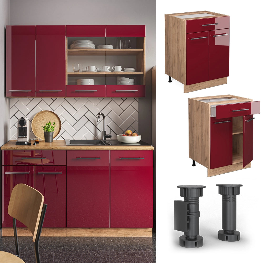 Mobiletto base per cucina Fame-Line Bordeaux lucido/Rovere dorato 60 cm con cassetto, PL Marmo Vicco