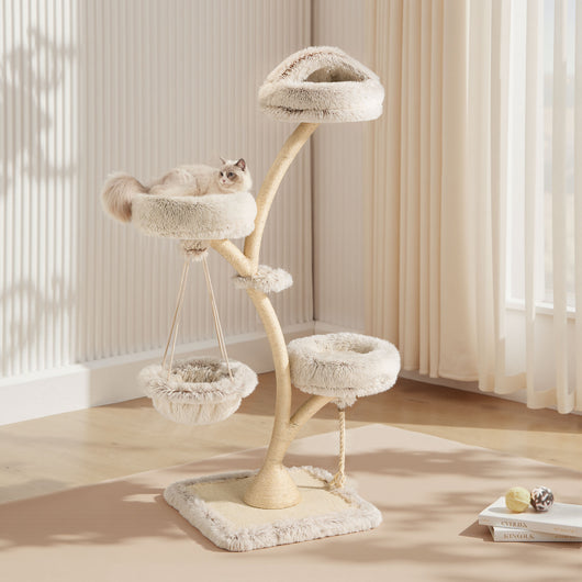 Fudajo Albero tiragraffi per gatti di design con 2 cucce, 1 nicchia, 1 amaca, Ø 59 cm, altezza 169 cm, portata max. 15 kg, beige con sisal e peluche, colonna e piattaforme