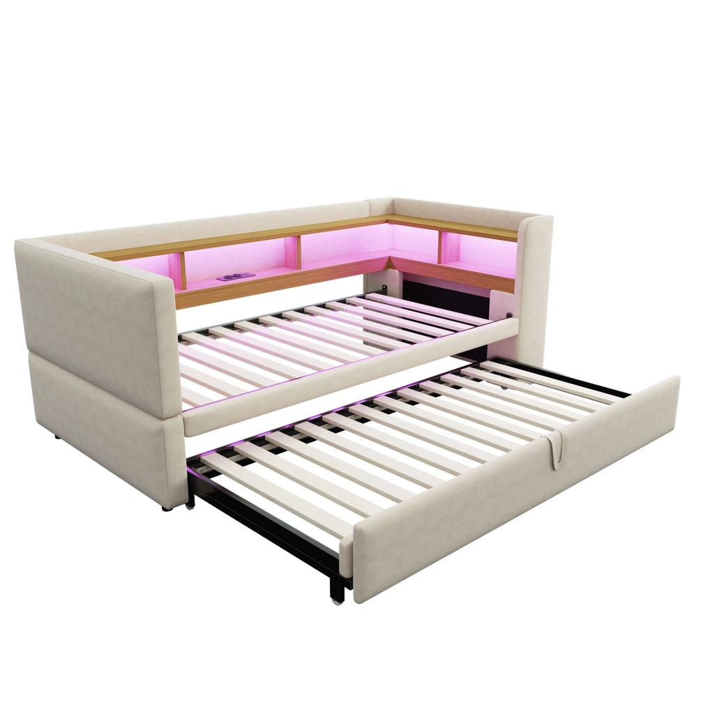 Letto estraibile matrimoniale 90×190 cm e 180×190 cm con ripiani; LED e prese; senza materasso; flanella; beige