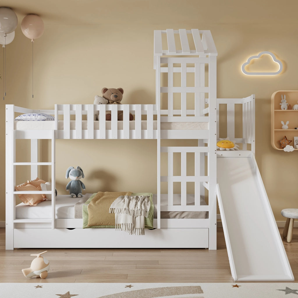 Letto a castello per bambini 90 × 200 cm con grande cassetto con ruote, scivolo, senza materasso, bianco
