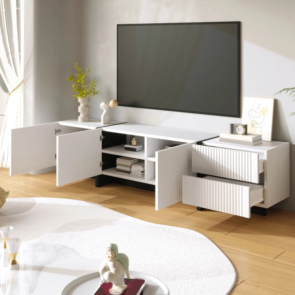 Mobile TV 190 cm con 3 Ante e 2 Cassetti, MDF Bianco e Nero