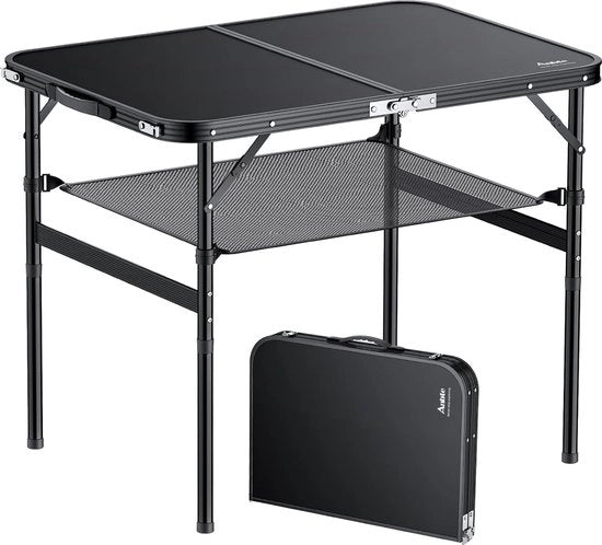 Tavolo da Campeggio Pieghevole in Alluminio 90 x 60 cm (L x W) con 2 Altezze Regolabili Tavolo da Picnic Portatile con Rete di Stoccaggio Tavolo da Giardino Tavolo da Balcone Tavolo da Valigia per Campeggio Festa in Spiaggia (Nero)