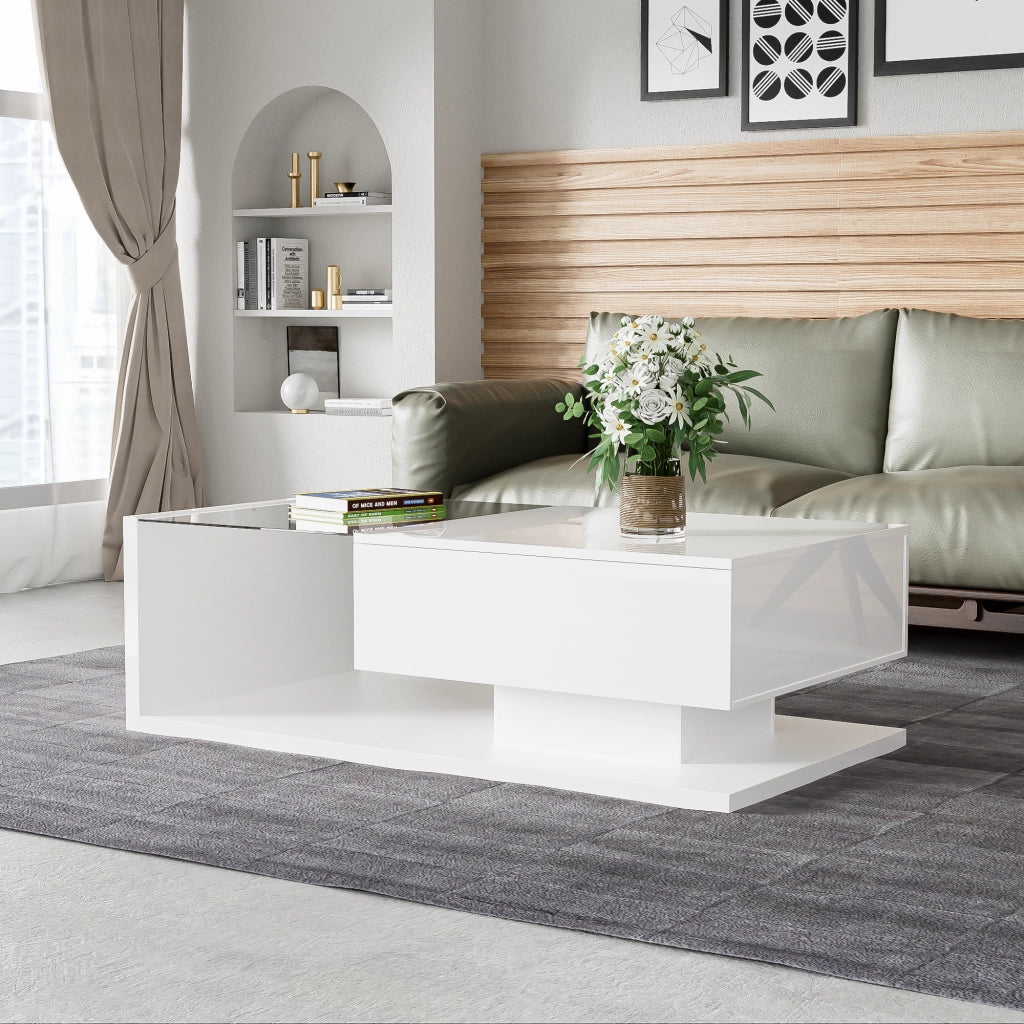 OKWISH Tavolino da Salotto Rettangolare con Vano Portaoggetti e LED, Finitura Lucida, per Soggiorno, 105 x 55 x 32.5 cm, Bianco