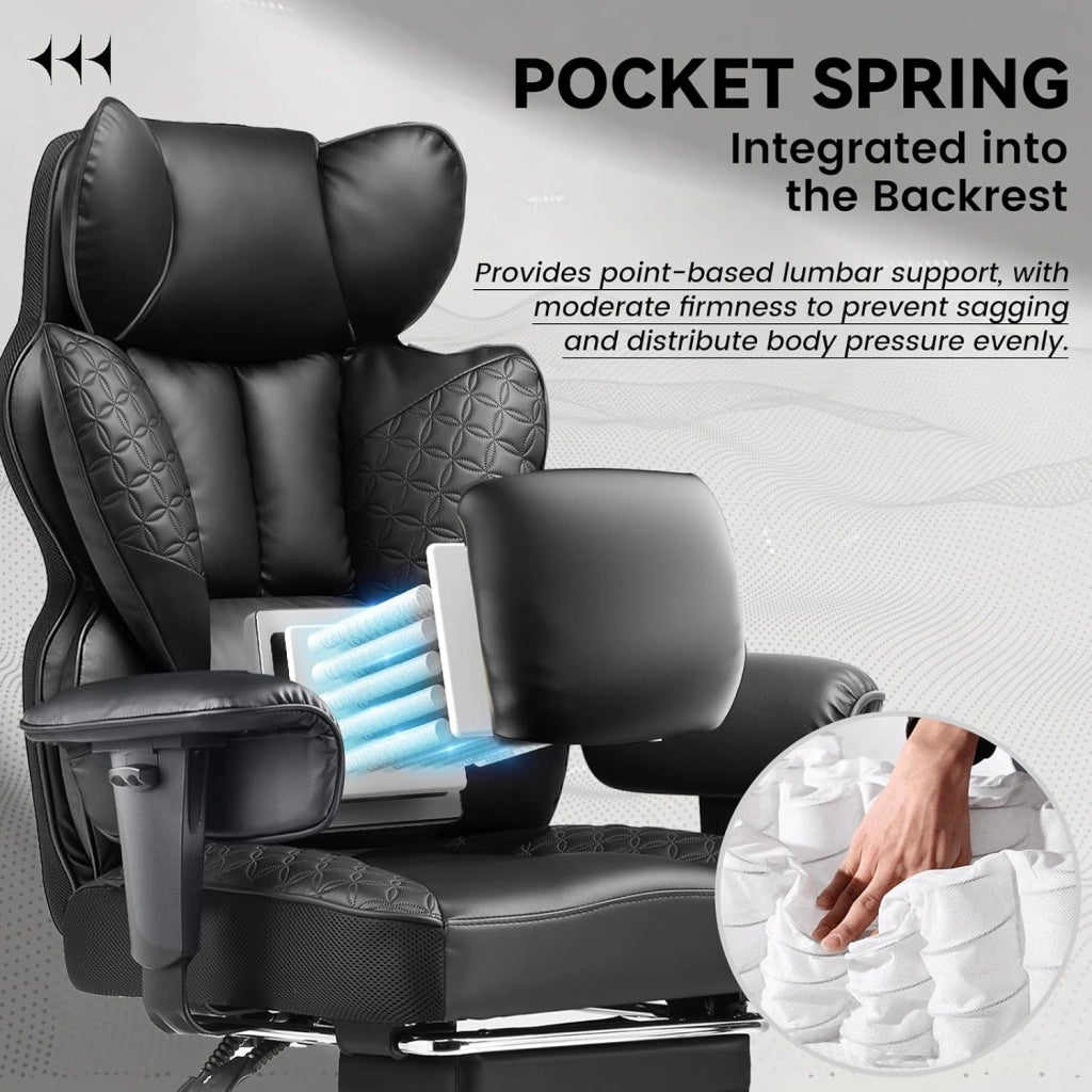 Sedia da ufficio grande e alta, sedia da gioco ergonomica larga 180 kg, con goffratura di lusso, pelle progettata con poggiapiedi, braccioli regolabili a 150°, tasca, molla
