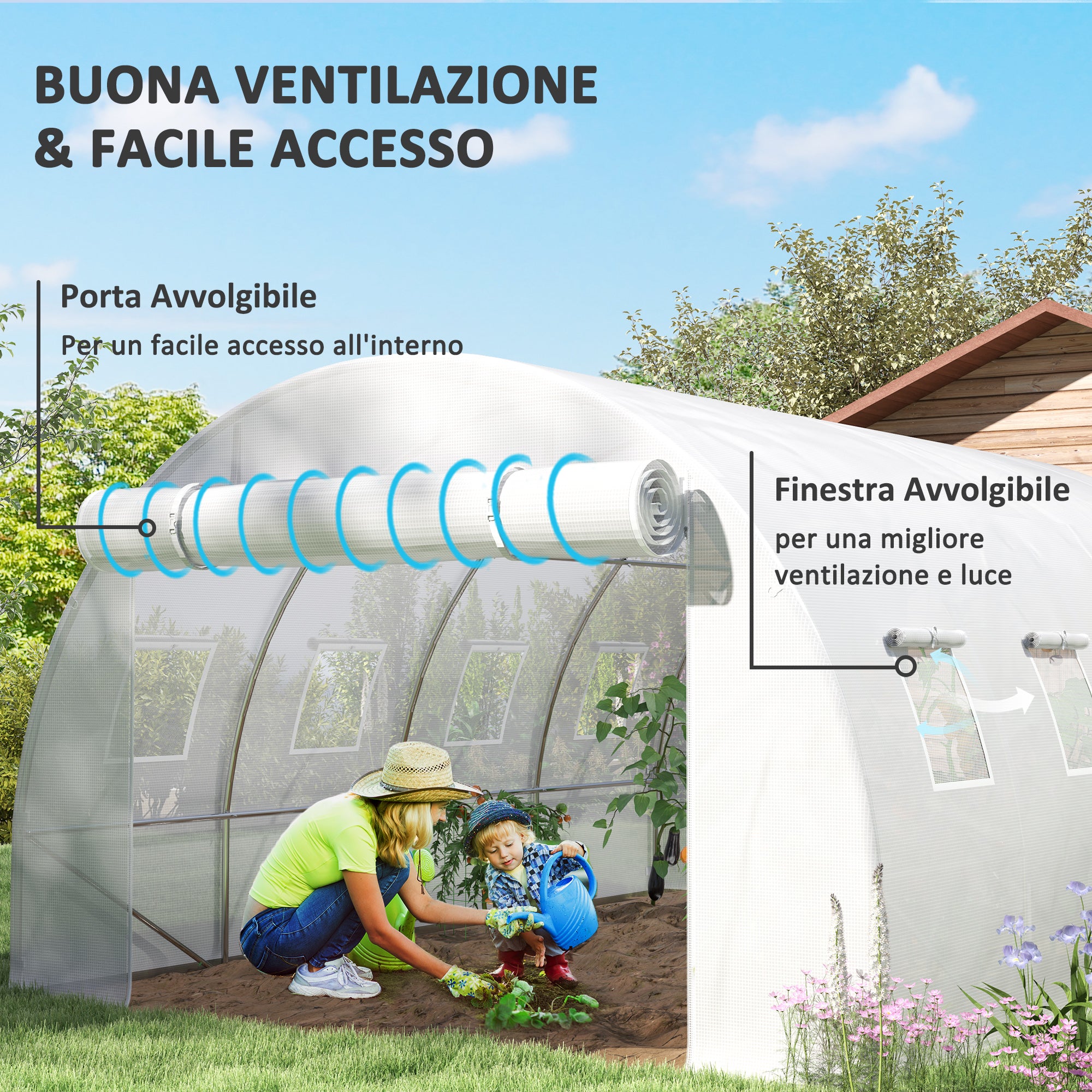 Telo per Serra 4x3x2 m con 8 Finestre Porta Avvolgibile e Bordi Interrati in PE Bianco