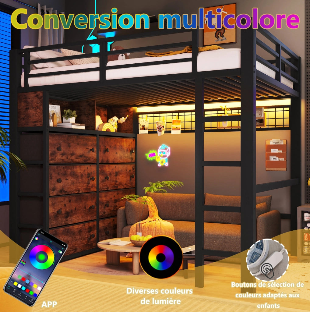 Letto a soppalco ULEVR 140x200 cm con 8 cassetti, ripiani, pannello forato e LED multicolore, nero